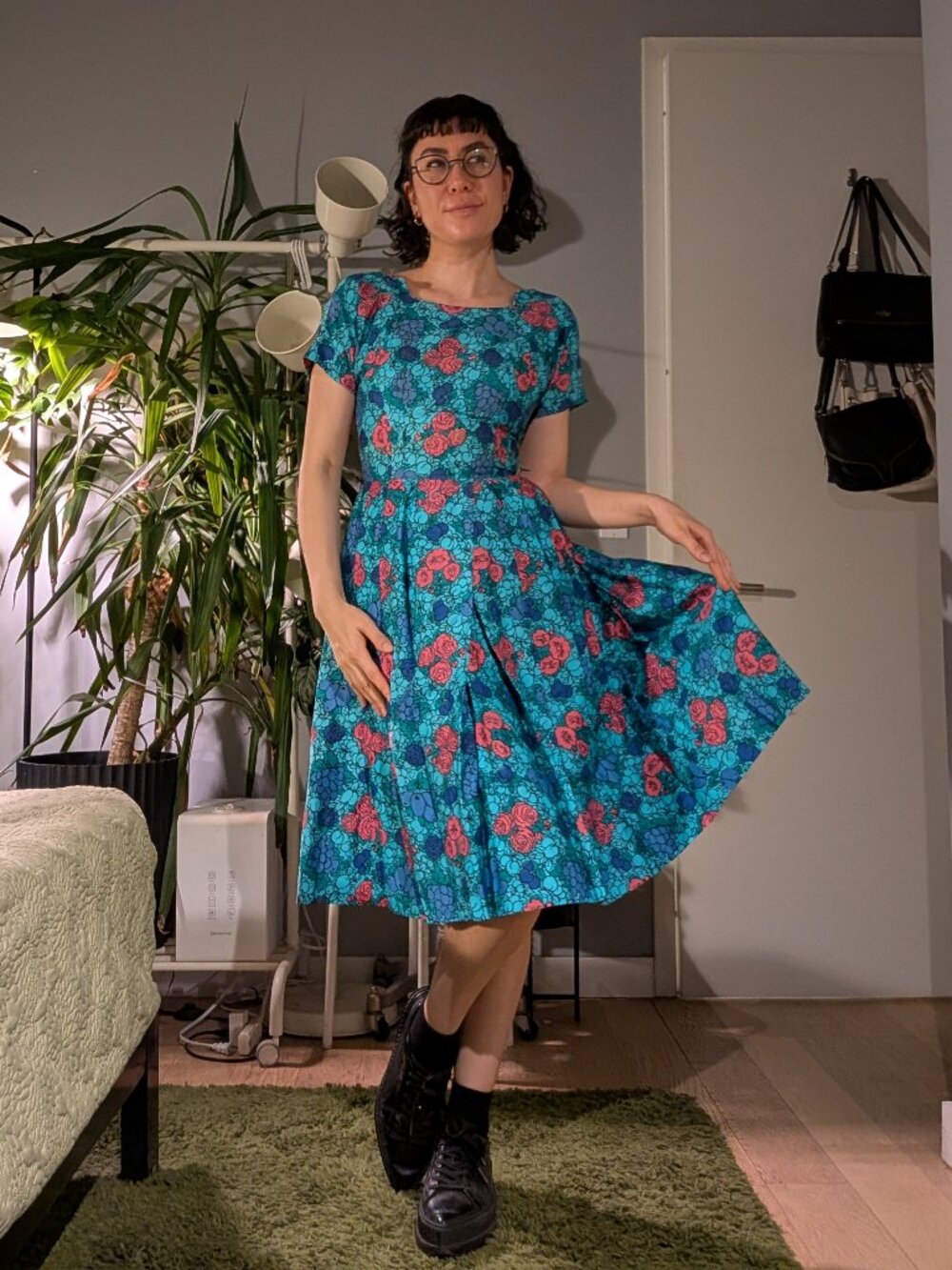 VINTAGE A-line dress in blue fruit and floral print, size XS (estimated)